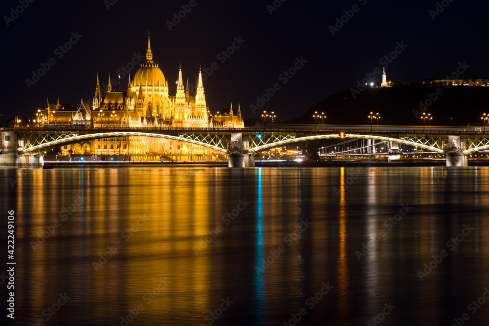 Margaret bridge and Parliament building in Budapest at night