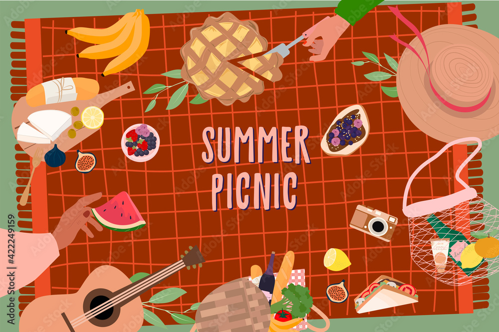 Summer Picnic with tasty food and leisure things poster. Summer