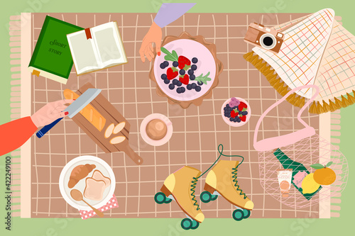 Summer Picnic with tasty food and leisure things poster. Summer festival, holidays, invitation card. Top view. Editable vector illustration.