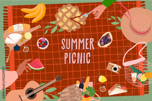 Summer Picnic with tasty food and leisure things poster. Summer festival, holidays, invitation card. Top view. Editable vector illustration.