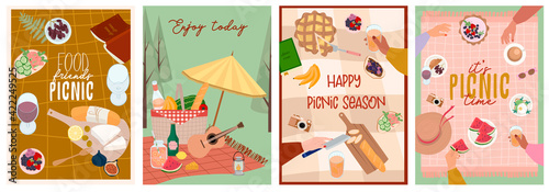 Summer picnic poster or invitation cards set with tasty food and leisure things. Outdoor active rest.  Editable vector illustration.