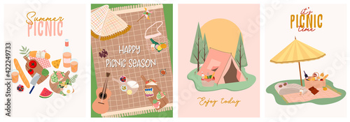 Summer picnic poster or invitation cards set with tasty food and leisure things. Outdoor active rest.  Editable vector illustration.