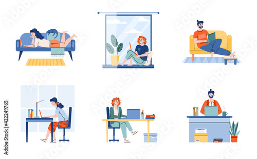 Concept home vs office people sitting at desk and working on computer.