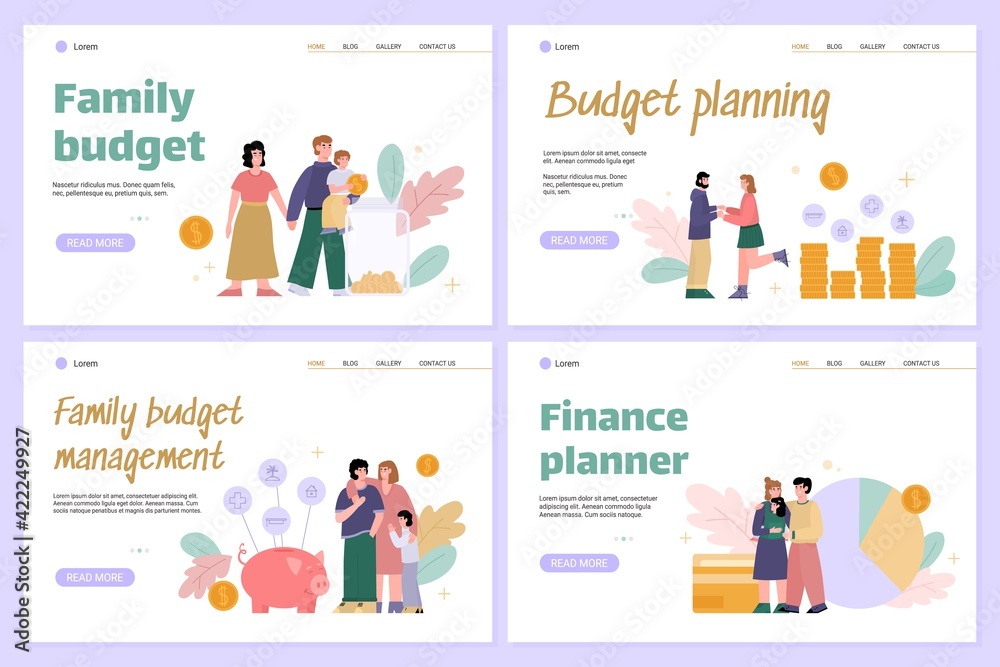 Family budget and home finance planning websites set, flat vector illustration.