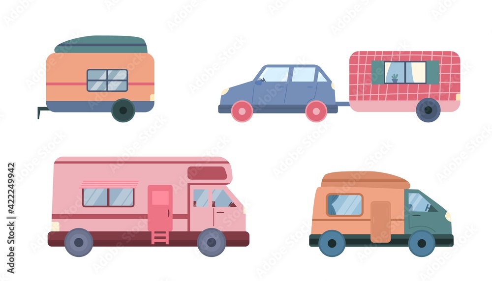 Cars with camping trailers for travel, tourism and adventure at summer vacation. Cars with camping trailers for travel, tourism and adventure at summer vacation.