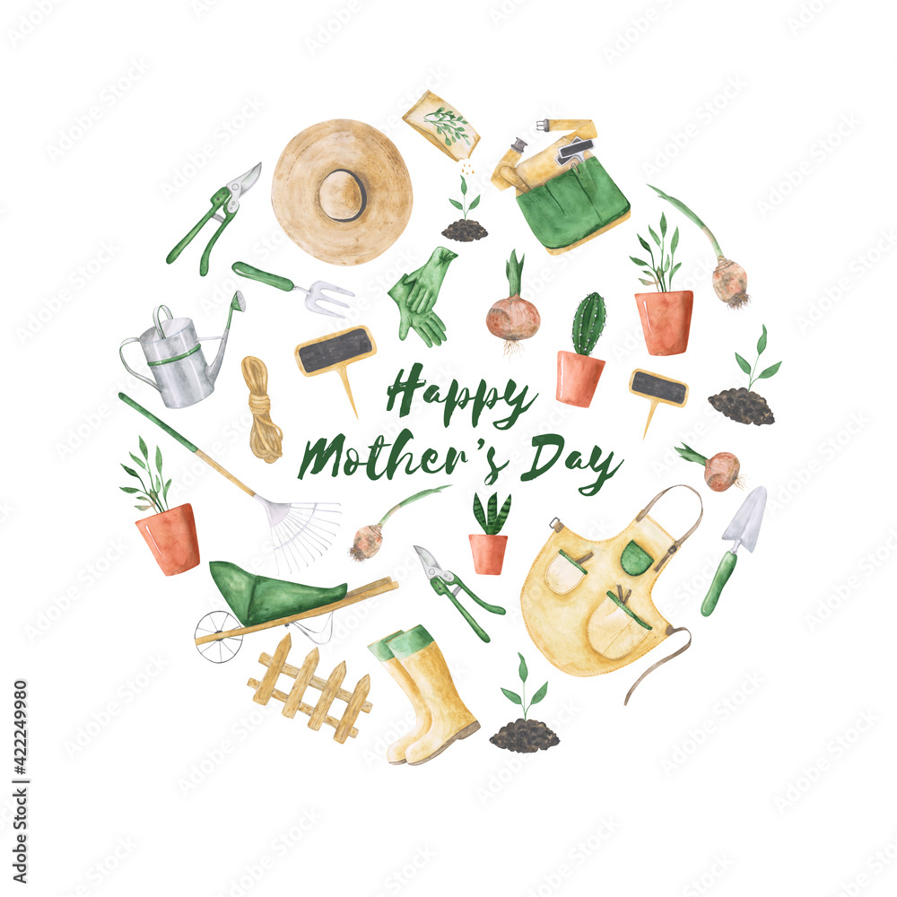 Happy Mothers Day greeting card. Round shape garden tools with a sign Happy Mothers Day greeting card. Round shape garden tools with a sign
