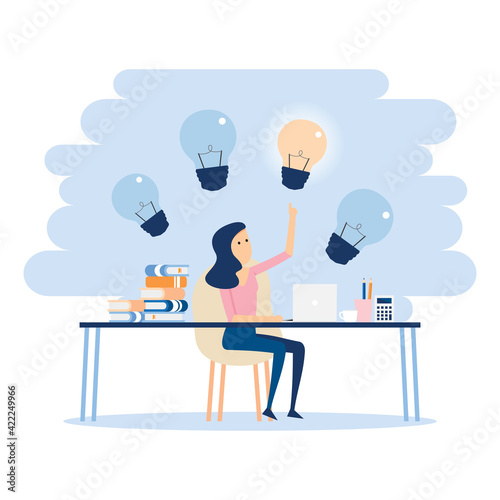 Woman sitting on a desk thinking about