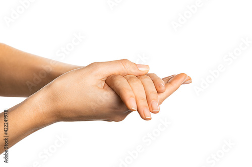Woman hands rubbing on white backgroud