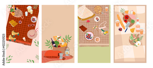 Summer picnic vertical background set with tasty food and leisure things. Perfect for Mobile app, Social media. Editable vector illustration.