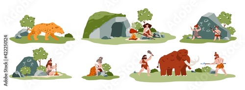 Prehistoric cave people life scenes set, cartoon vector illustration isolated.