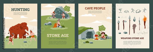 Posters with prehistoric stone age cave people, cartoon vector illustration.