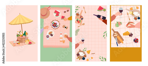 Summer picnic vertical background set with tasty food and leisure things. Perfect for Mobile app, Social media. Editable vector illustration.