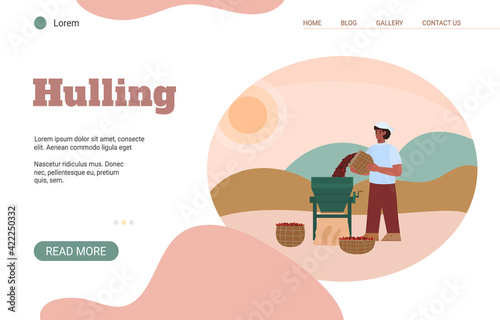 Male farmer hulling of coffee beans using industrial production equipment.