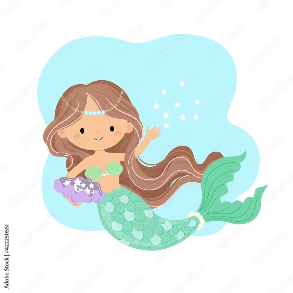 The mermaid throws out the little star and holds the shell in the other hand The mermaid throws out the little star and holds the shell in the other hand