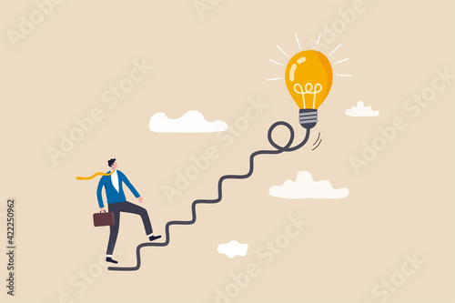 Creativity for business idea, thinking and brainstorm for new idea or opportunity, career path or goal achievement, businessman start walking on electricity line as stairway to big idea lightbulb.
