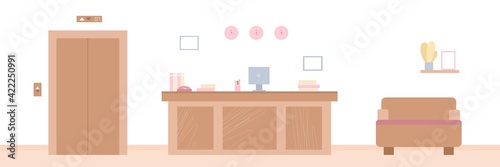 Modern interior empty reception room with furniture and workplace receptionist