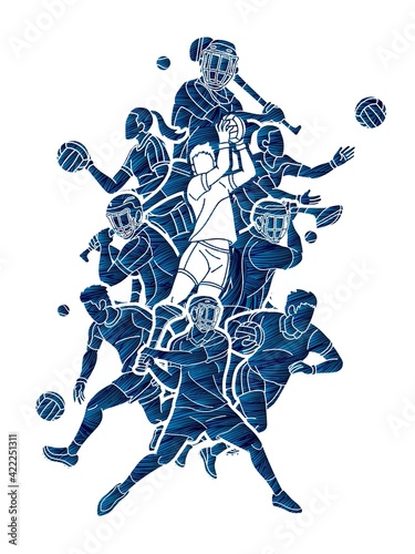 Gaelic Football and Hurling Sport Players Action Cartoon Graphic Vector