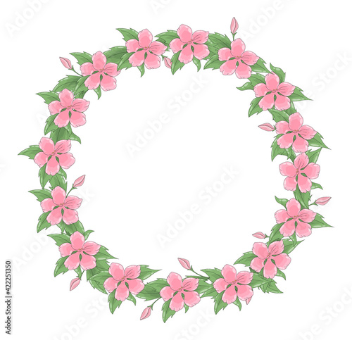 Vector wreath of many delicate pink flowers and foliage. Spring frame has a place for text inside