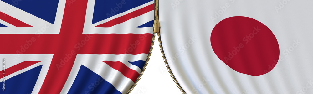 United Kingdom and Japan political cooperation or conflict, flags and closing or opening zipper, conceptual 3D rendering
