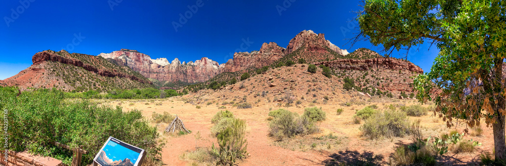 Zion National Park, Utah. Mountains and trees on a sunny summer day - Panoramic view Zion National Park, Utah. Mountains and trees on a sunny summer day - Panoramic view