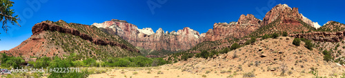 Zion National Park, Utah. Mountains and trees on a sunny summer day - Panoramic view