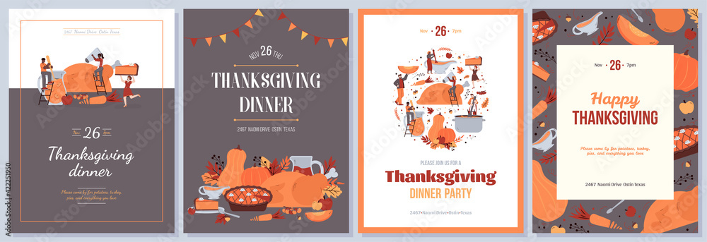 Thanksgiving day posters with cooking holiday autumn food for traditional dinner.