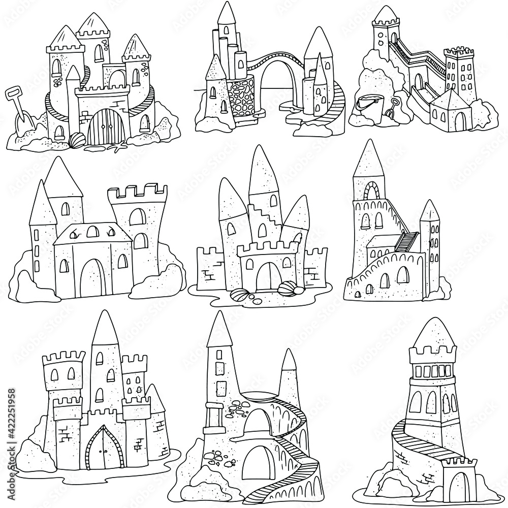 Big Set Sand castle Vector illustration isolated on white background. Simple illustration for coloring book