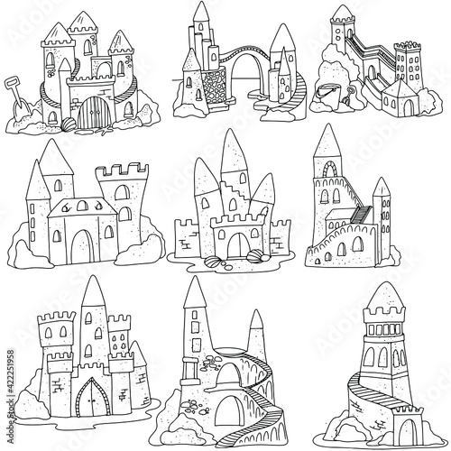 Big Set Sand castle Vector illustration isolated on white background. Simple illustration for coloring book