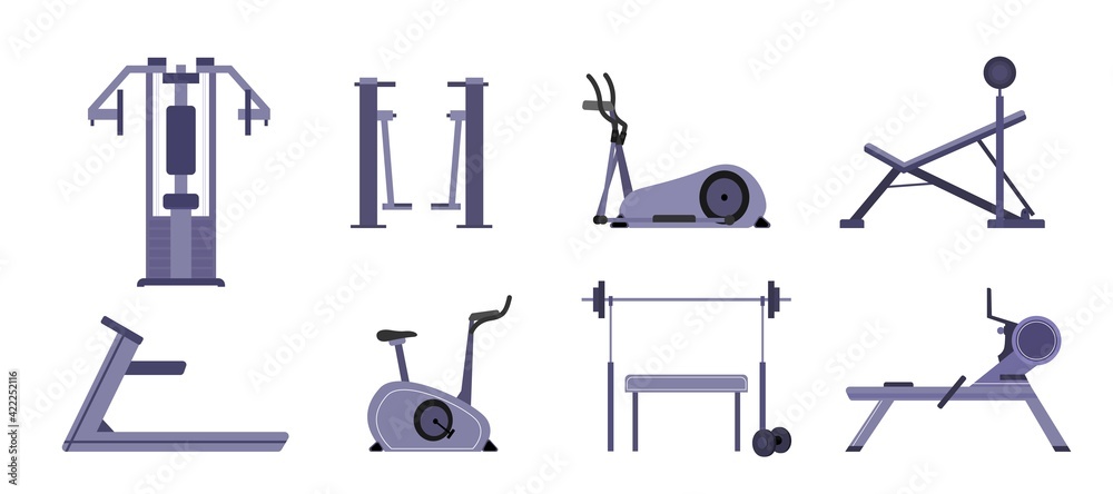 Gym equipment set, sport simulators for trainings and physical exercises Gym equipment set, sport simulators for trainings and physical exercises
