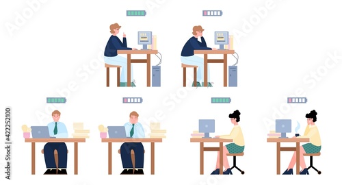 Tired, bored and energy cheerful office employees with low and high battery.
