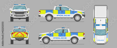 Vector UK pickup truck. English police car. Side view, front view, back view, top view. Cartoon car in flat style.