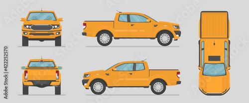 Vector pickup truck. Yellow car from different sides. Side view, front view, back view, top view. Cartoon car in flat style.