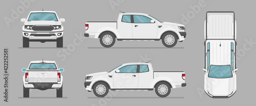 Car in different view. Front, back, top and side car projection. Flat illustration for designing. Vector pickup truck.
