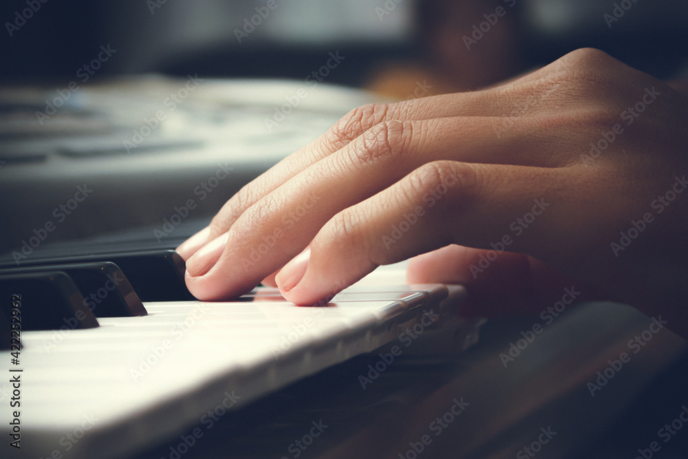Fototapeta premium A woman plays the piano. Women's hands and keys close-up