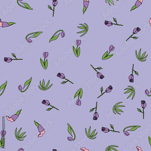 Seamless pattern with doodle flowers and leaves.