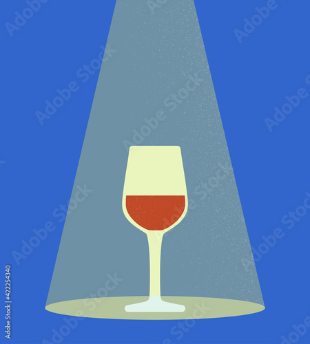 Vector illustration of glass with red wine. Retro poster of popular alcoholic drink.
