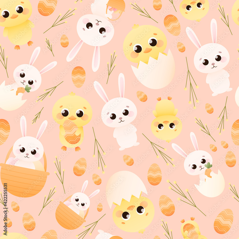 Naklejka premium Eastern seamless pattern with cute animal characters - chick and bunny and flowers, hello spring holidays for children