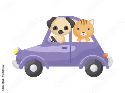 Cute little cat and pug dog driving purple car. Cartoon character for childrens book, album, baby shower, greeting card, party invitation, house interior. Vector stock illustration.