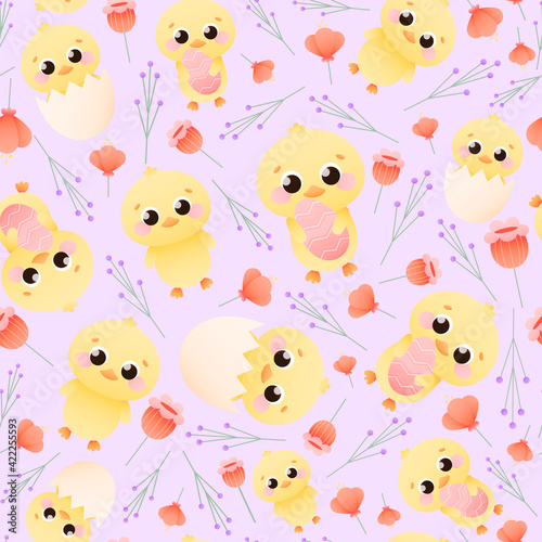 Cute chick pattern foe Easter holiday  childish style seamless ornament for wrapping paper or wallpaper  fabric