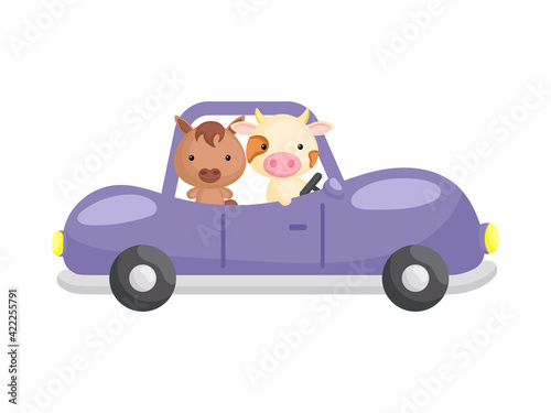 Cute little horse and cow driving purple car. Cartoon character for childrens book, album, baby shower, greeting card, party invitation, house interior. Vector stock illustration.