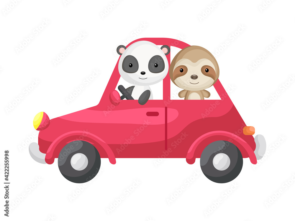Cute little sloth and panda driving red car. Cartoon character for childrens book, album, baby shower, greeting card, party invitation, house interior. Vector stock illustration. Cute little sloth and panda driving red car. Cartoon character for childrens book, album, baby shower, greeting card, party invitation, house interior. Vector stock illustration.