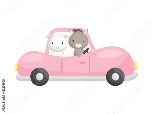 Cute little sheep and donkey driving pink car. Cartoon character for childrens book, album, baby shower, greeting card, party invitation, house interior. Vector stock illustration.