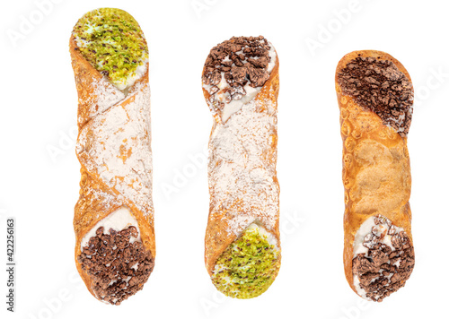 Three Sicilian Cannoli isolated on white background. Sweet  Italian Dessert Cannolo photo