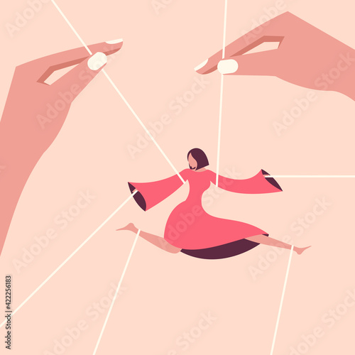 Conceptual illustration of hands controlling a dancing girl tied with strings