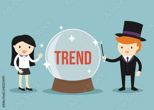 Business concept, Business woman is checking business trend from crystal ball. Vector illustration.