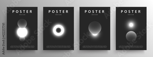 Set of minimalist abstract black and white outer space design for the poster or wall decoration, vector. Outer space monochrome scenes with glowing star and planets.