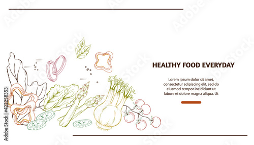 Vegetarian healthy food delivery and sale banner or flyer with hand drawn slightly colored vegetables in engraving style, flat vector illustration. Online food and vegetables delivery banner template.