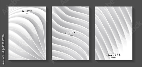 Set of white monochrome posters with 3d elements forming realistic structure or architecture texture, modern leaflet cover or banner backdrop