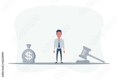 Bag of money with a dollar sign and a judge's hammer on the scales. Concept lobbying for the adoption of a law or a norms, corruption.