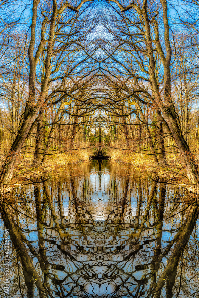 Symmetrie Landschaft mit Spiegelung von Bäumen im Herbst in einem Teich